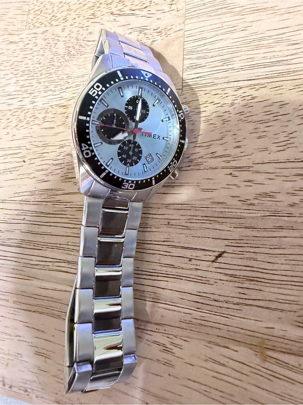 Timex Silver and Black Chronograph Watch with Red Accent